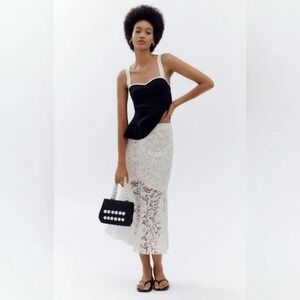 NWT Anthropologie Avec Les Filles Flared White Floral Lace‎ Midi Skirt l Size 8